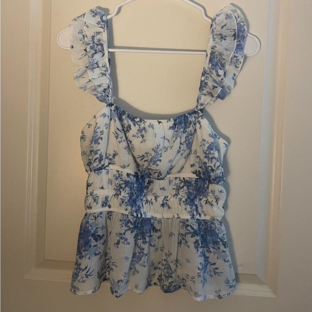Miami Blue and White Floral Blouse with Ruffled Sleeves